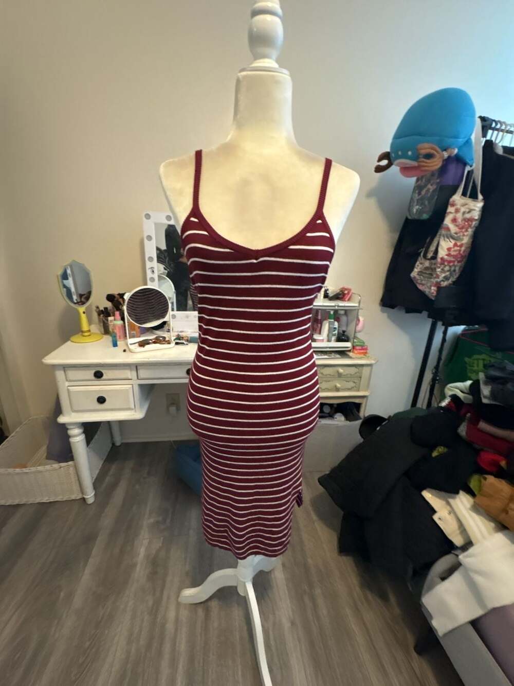 Valleygirl Burgundy and White Striped Rib-Knit Bodycon Midi Dress with Side Slit